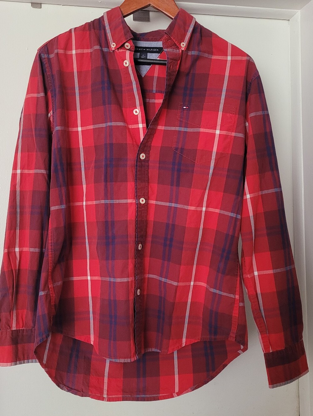 Tommy Hilfiger Men's Long Sleeve Plaid  Shirt Red/white Black Size M Custom Fit